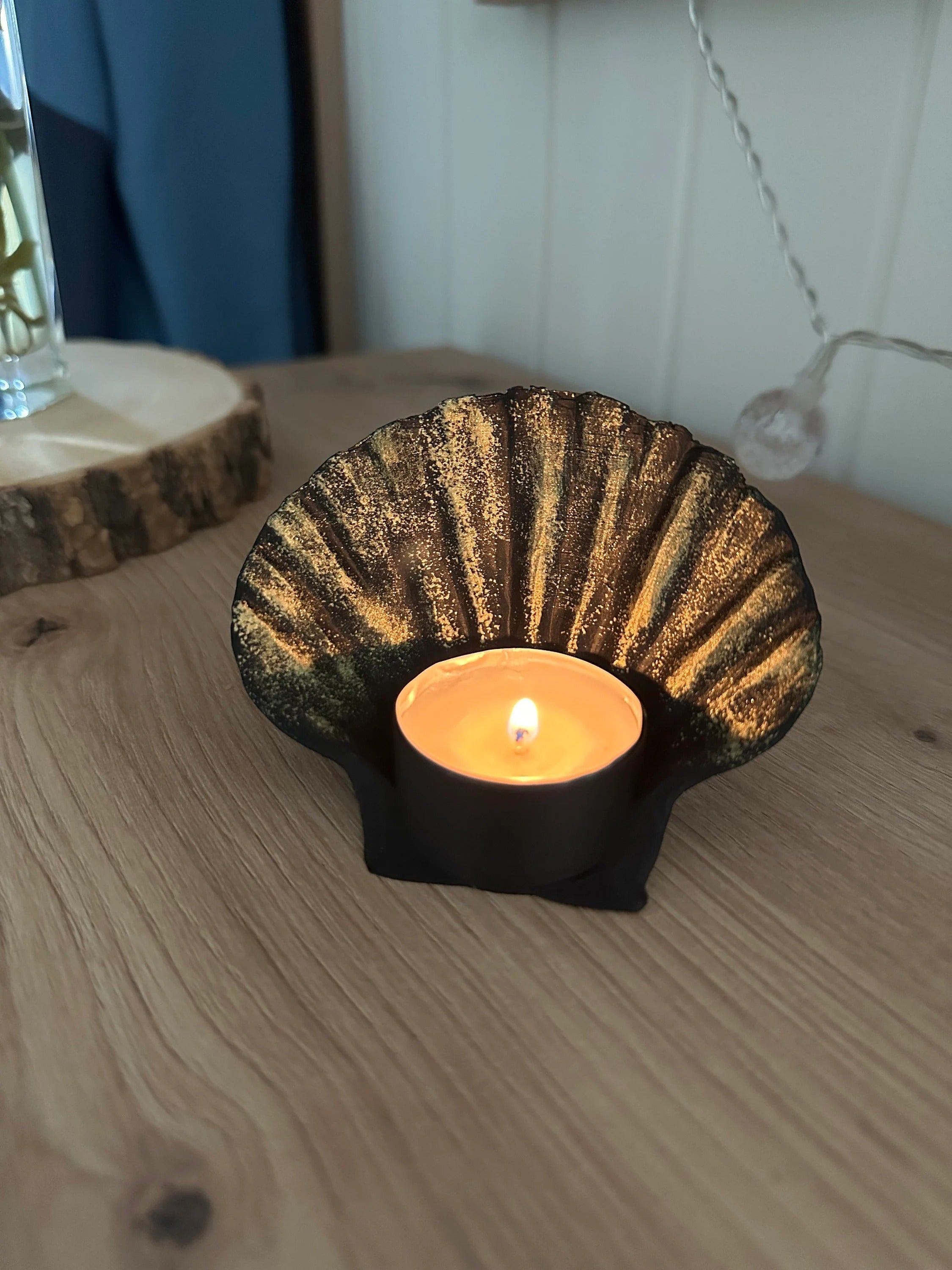 Tea Light Holder Shell With Gold 3D Printed Motif