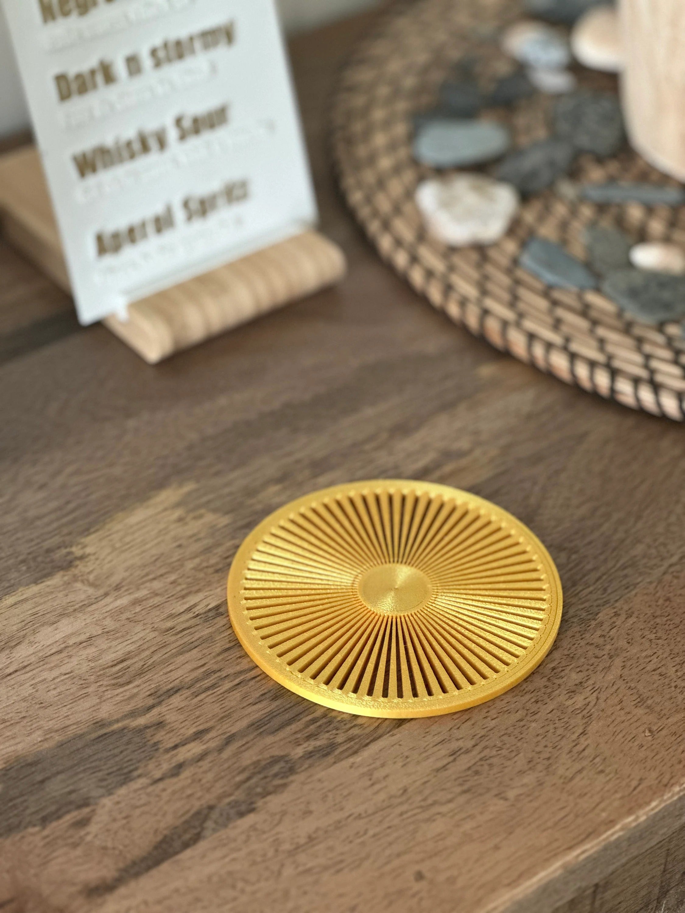 Unique Sun Coaster in Gold 3D Printed Motif Sustainable